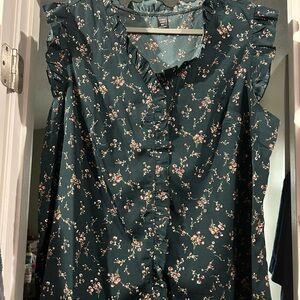 SHEIN Dark Green Floral Ruffle Blouse
